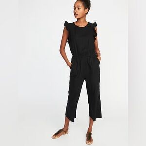 Old Navy Women’s Small Sleeveless Ruffle-Trim Linen-Blend Utility Jumpsuit Black
